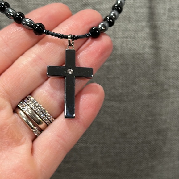 Hematite Slovakian Crystal Cross Pendant Necklace - Picture 5 of 9